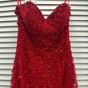 New long, red, sexy sequin backless dress, strapless tulle mermaid style